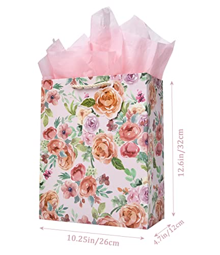 Elephant-package 12.6" Large Flower Gift Bag with Tissue Paper and greeting card, for Girls Women Birthday Gift Packing, Mothers Day, Valentine's Day, Bridal Shower, (Pink Rose)