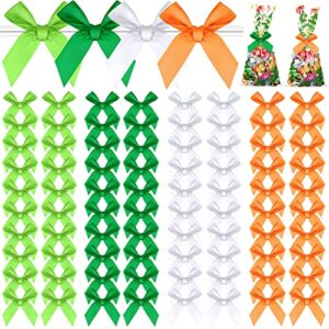 120 Pcs St. Patrick's Day Twist Bow Satin Twist Tie Bows Fabric Bows for Crafts Polyester Craft Bows Decorating Ribbon Bows Gift Wrap Bows for DIY Gift Wrapping, Light Green, Dark Green, White, Orange