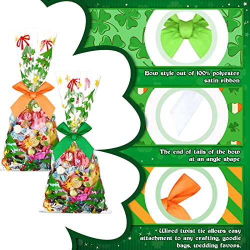 120 Pcs St. Patrick's Day Twist Bow Satin Twist Tie Bows Fabric Bows for Crafts Polyester Craft Bows Decorating Ribbon Bows Gift Wrap Bows for DIY Gift Wrapping, Light Green, Dark Green, White, Orange