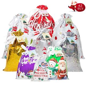 adubor christmas drawstring gift bags – 42 pcs assorted sizes christmas gift wrapping bags for christmas decorations small medium large santa wrapping bags for treat, goodies, party
