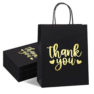 qielser thank you gift bags bulk 50 pcs medium, gold foil thank you black paper bags with handles for retail shopping, wedding, baby shower holiday, party favors, size 8×4.75×10 inches
