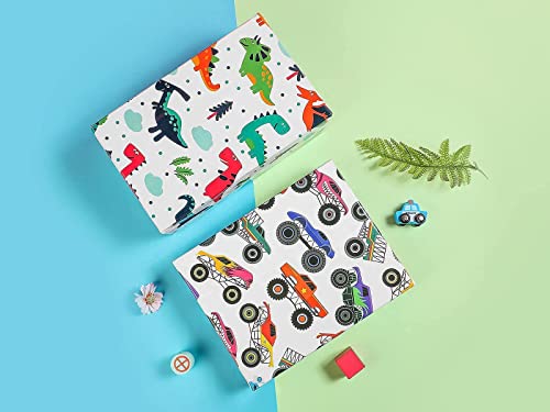 BULKYTREE Birthday Wrapping Paper for Boys Kids, Recycled Gift Wrapping Paper, Happy Animals, Cute Dinosaur, Monster Truck Gift Wrap for Birthday Baby Shower and Holiday - 3 Pack, 18 x 120 Inch Per Roll