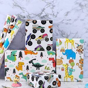 BULKYTREE Birthday Wrapping Paper for Boys Kids, Recycled Gift Wrapping Paper, Happy Animals, Cute Dinosaur, Monster Truck Gift Wrap for Birthday Baby Shower and Holiday - 3 Pack, 18 x 120 Inch Per Roll