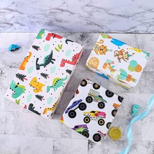 BULKYTREE Birthday Wrapping Paper for Boys Kids, Recycled Gift Wrapping Paper, Happy Animals, Cute Dinosaur, Monster Truck Gift Wrap for Birthday Baby Shower and Holiday - 3 Pack, 18 x 120 Inch Per Roll