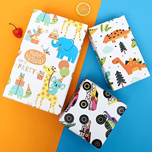 BULKYTREE Birthday Wrapping Paper for Boys Kids, Recycled Gift Wrapping Paper, Happy Animals, Cute Dinosaur, Monster Truck Gift Wrap for Birthday Baby Shower and Holiday - 3 Pack, 18 x 120 Inch Per Roll