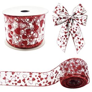 valentine’s day ribbons for wreath bows wrapping gifts, organdy heart ribbons for valentine’s day wedding decoration diy crafts, 2.48″ x 10 yards wired edge burlap ribbon