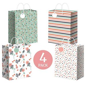 Cute Assorted Birthday Gift Bags - Set of 4 - 10" Medium Size Gift Bags With Handles & Name Tags - Floral, Striped, and Confetti Everyday Gift Bags - Pink & Green Gift Bags For Women. Perfect for Easter, Mothers Day, Birthdays, Baby Showers, Bridal Shower