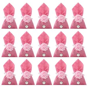 15pcs fabric burlap gift bags with drawstrings,mini muslin cloth jewelry bags,small drawstrings pouch party favor fags for packaging,wedding favor bags,sachet bags empty(4×7.2inch)pink bag pink flower