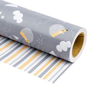 wrapaholic reversible baby shower wrapping paper – mini roll – 17 inch x 33 feet – cute hedgehogs and stripes design for birthday, holiday, party