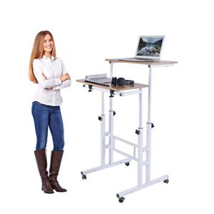 aiz mobile standing desk, adjustable computer desk rolling laptop cart on wheels home office computer workstation, portable laptop stand for small spaces tall table for standing or sitting, oak