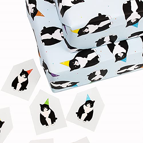 CENTRAL 23 - Blue Wrapping Paper - Cats in Hats - 6 Sheets of Birthday Gift Wrap - For Men Boys Kids - Valentines Day Gift Wrap for Women Her Girls - Recyclable - Comes with Stickers