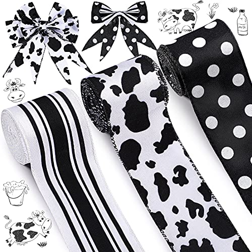 3 Rolls 18 Yards Cow Print Wired Ribbon 2.5 Inch White Black Craft Ribbon Cowhide Burlap Gift Wrapping Ribbon Cowhide Striped for Cow Theme Party Decor DIY Bow Supplies