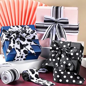 3 Rolls 18 Yards Cow Print Wired Ribbon 2.5 Inch White Black Craft Ribbon Cowhide Burlap Gift Wrapping Ribbon Cowhide Striped for Cow Theme Party Decor DIY Bow Supplies