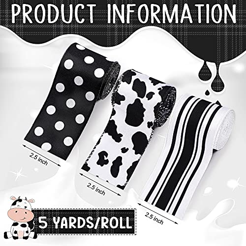 3 Rolls 18 Yards Cow Print Wired Ribbon 2.5 Inch White Black Craft Ribbon Cowhide Burlap Gift Wrapping Ribbon Cowhide Striped for Cow Theme Party Decor DIY Bow Supplies