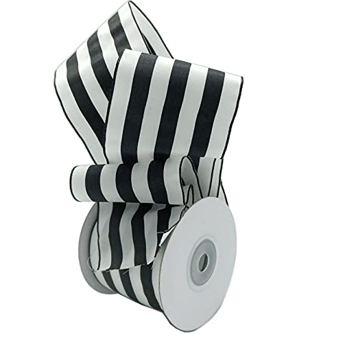 CSZD RIBBON 2.5inch Wide 10 Yards Wired Gift Wrapping Ribbon Black White Stripe Wired Ribbon for Gift Wrapping Crafts DIY Christmas Tree Decor, Wreaths, Bows Farmhouse (Black)