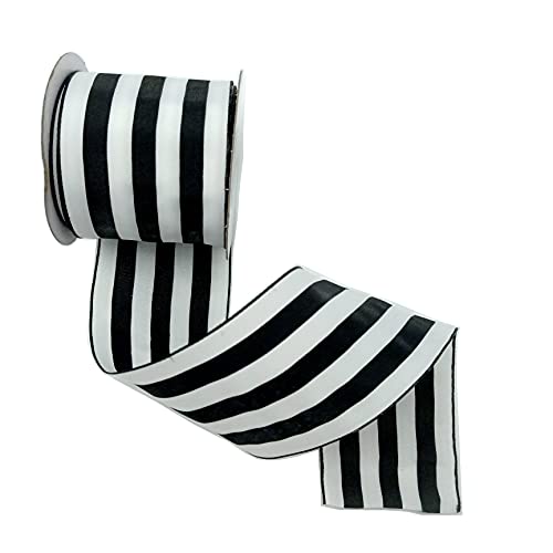 CSZD RIBBON 2.5inch Wide 10 Yards Wired Gift Wrapping Ribbon Black White Stripe Wired Ribbon for Gift Wrapping Crafts DIY Christmas Tree Decor, Wreaths, Bows Farmhouse (Black)