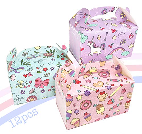 MintieJamie Handle Cardboard Treat Boxes 6.25 X 3.5 X 3.5 Inches, Pack of 12pcs Pastel Color Cute Birthday Boxes, Party Favor Gifting Gable Boxes