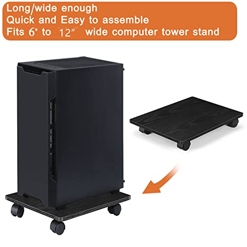 Computer Tower Stand, Set of 2 Pc Tower Stand, Floor Pc Stand for Under Desk, Wooden CPU Holder Stand Cart with Lockable Wheels, for Office, Home(Black)