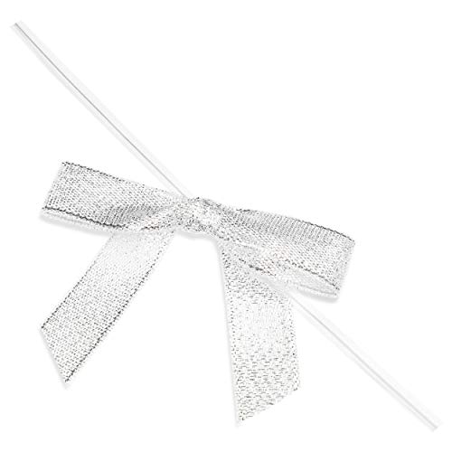 Silver Satin Bow Twist Ties for Treat Bags (100 Pack)