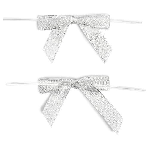 Silver Satin Bow Twist Ties for Treat Bags (100 Pack)