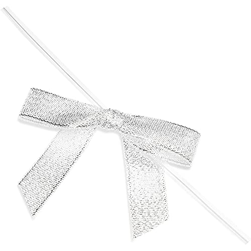 Silver Satin Bow Twist Ties for Treat Bags (100 Pack)