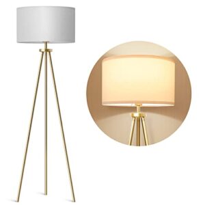 alldio tripod floor lamps for living room, modern standing lamp with drum shade, simple industrial tall lamp, 9w led bulb included – brass