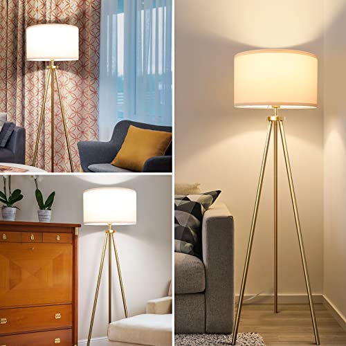 Alldio Tripod Floor Lamps for Living Room, Modern Standing Lamp with Drum Shade, Simple Industrial Tall Lamp, 9W LED Bulb Included - Brass