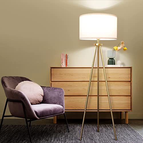 Alldio Tripod Floor Lamps for Living Room, Modern Standing Lamp with Drum Shade, Simple Industrial Tall Lamp, 9W LED Bulb Included - Brass