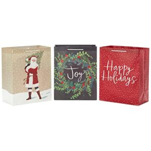 hallmark 13″ large christmas gift bag bundle (3 bags: “joy” wreath on gray, rustic santa with tree, “happy holidays” on red) for friends, family, teachers, coworkers