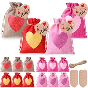shappy 16 packs valentine’s day burlap bag heart gift bags small drawstring wedding favor sacks jewelry candy pouches linen pockets with diy tags rope for christmas, gold,red,pink