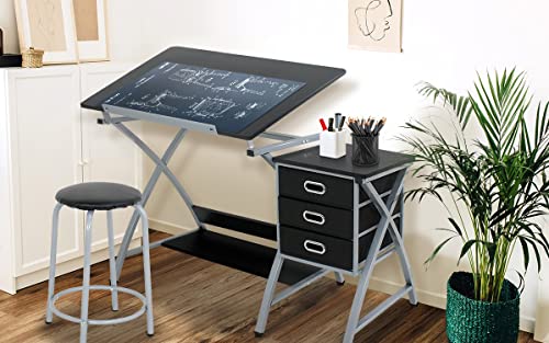 ZENY Drafting Table and Stool Set Tabletop Tilted Drawing Table Drafting Desk w/Drawers Artists Workstation, Art Craft Supplies