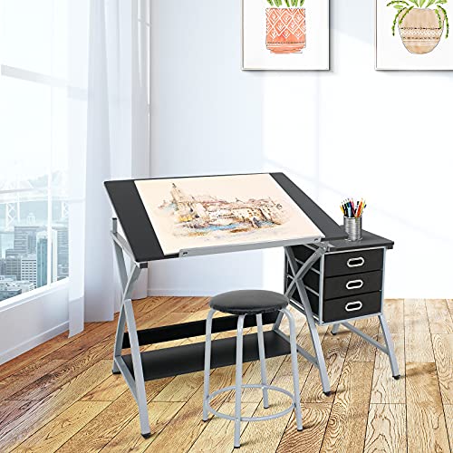 ZENY Drafting Table and Stool Set Tabletop Tilted Drawing Table Drafting Desk w/Drawers Artists Workstation, Art Craft Supplies