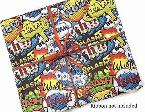 Stesha Party Comic Book Gift Wrap Superhero Wrapping Paper, Folded Flat 30x20 Inch, 3 Sheets