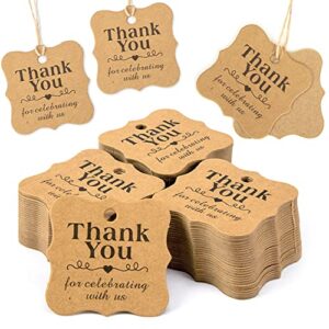 sallyfashion thank you tags, 150pcs brown kraft gift tags with 150pcs free natural jute twines brown scalloped edge tags for gift wrapping, wedding, favor box, baby shower