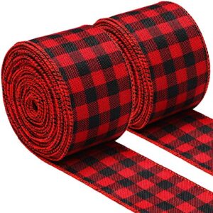 2 rolls wired edge ribbons buffalo plaid burlap ribbon farmhouse diy gift wrapping crafts for christmas bow wreath tree decoration (red black plaid, 2.5 inch wide, 39.3 feet)