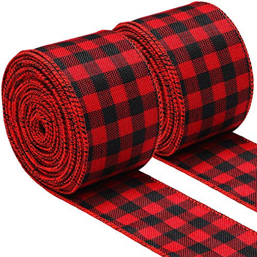 2 Rolls Wired Edge Ribbons Buffalo Plaid Burlap Ribbon Farmhouse DIY Gift Wrapping Crafts for Christmas Bow Wreath Tree Decoration (Red Black Plaid, 2.5 Inch Wide, 39.3 Feet)