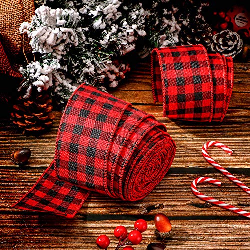 2 Rolls Wired Edge Ribbons Buffalo Plaid Burlap Ribbon Farmhouse DIY Gift Wrapping Crafts for Christmas Bow Wreath Tree Decoration (Red Black Plaid, 2.5 Inch Wide, 39.3 Feet)