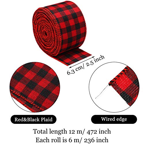 2 Rolls Wired Edge Ribbons Buffalo Plaid Burlap Ribbon Farmhouse DIY Gift Wrapping Crafts for Christmas Bow Wreath Tree Decoration (Red Black Plaid, 2.5 Inch Wide, 39.3 Feet)