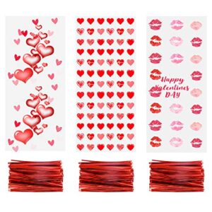 150pcs valentine cellophane cookie bags goodie candy treat bag with twist ties for valentine’s day party supplies (3 styles)