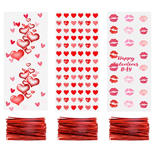 150Pcs Valentine Cellophane Cookie Bags Goodie Candy Treat Bag with Twist Ties for Valentine's Day Party Supplies (3 Styles)