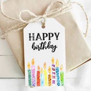 happy birthday gift tags for kids presents, colorful candles birthday gift bags tags with holes for women or men, birthday party favors wrap tags for adult, boys or girls gifts
