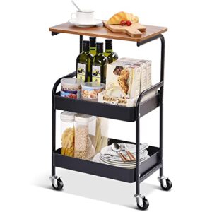 toolf utility cart with wooden table top, 3-tier metal storage cart, black trolley kitchen organizer rolling desk with locking wheels for office, classroom, home