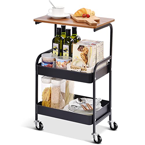 TOOLF Utility Cart with Wooden Table Top, 3-Tier Metal Storage Cart, Black Trolley Kitchen Organizer Rolling Desk with Locking Wheels for Office, Classroom, Home