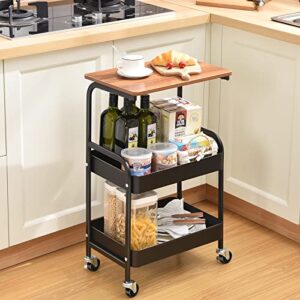 TOOLF Utility Cart with Wooden Table Top, 3-Tier Metal Storage Cart, Black Trolley Kitchen Organizer Rolling Desk with Locking Wheels for Office, Classroom, Home