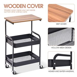 TOOLF Utility Cart with Wooden Table Top, 3-Tier Metal Storage Cart, Black Trolley Kitchen Organizer Rolling Desk with Locking Wheels for Office, Classroom, Home