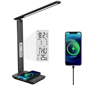 taodaliy desk lamp, led desk lamp with wireless chargers and usb charging port for home office, desk light with alarm clock, date and temperature, office desk lamp, black