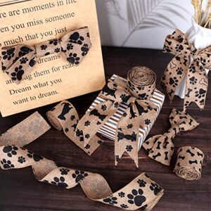 Kuscul 4 Rolls Dog Print Ribbons, 20 Yards Dog Bone Ribbon Doggy Paw Print Ribbon Wired Paw Print Burlap Ribbon for Dog Wreaths Swag Bow Making Dog-Lover Gift Wrapping, DIY Crafting and Party Decor