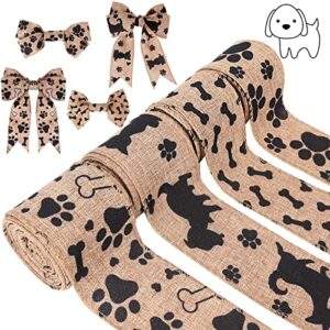 kuscul 4 rolls dog print ribbons, 20 yards dog bone ribbon doggy paw print ribbon wired paw print burlap ribbon for dog wreaths swag bow making dog-lover gift wrapping, diy crafting and party decor