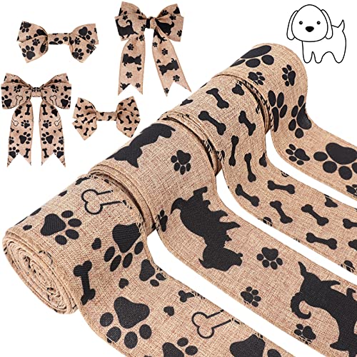 Kuscul 4 Rolls Dog Print Ribbons, 20 Yards Dog Bone Ribbon Doggy Paw Print Ribbon Wired Paw Print Burlap Ribbon for Dog Wreaths Swag Bow Making Dog-Lover Gift Wrapping, DIY Crafting and Party Decor