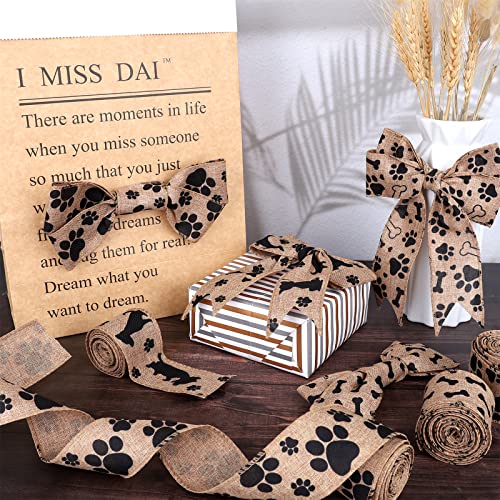 Kuscul 4 Rolls Dog Print Ribbons, 20 Yards Dog Bone Ribbon Doggy Paw Print Ribbon Wired Paw Print Burlap Ribbon for Dog Wreaths Swag Bow Making Dog-Lover Gift Wrapping, DIY Crafting and Party Decor